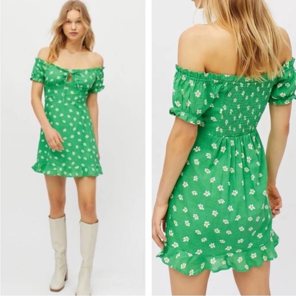 Urban Outfitters Womens Green Daisy Floral Flounce Mini Dress Size M Tie Front